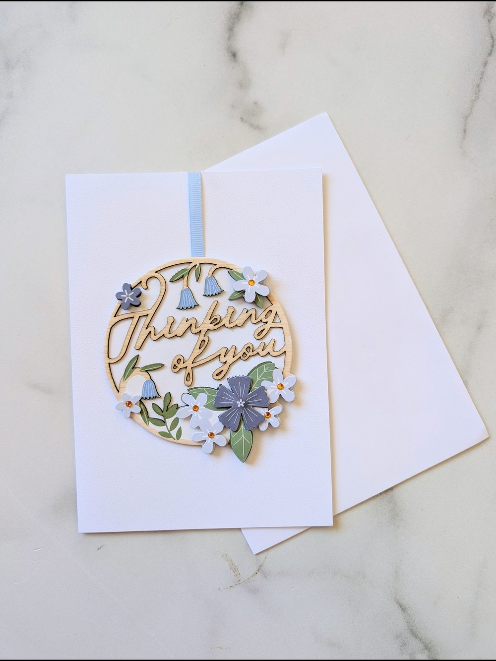 Thinking of You Floral Wooden Accent Card - Blue and White - Picture 1 of 3